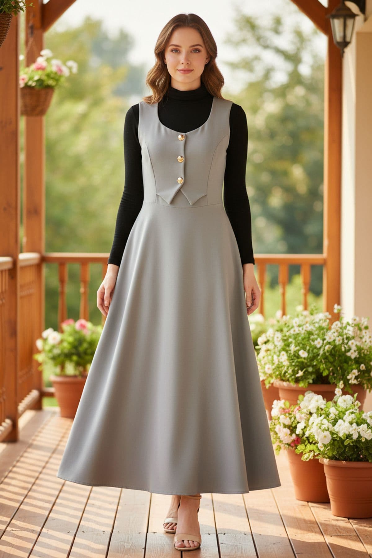 A modest gray dress featuring a sleeveless design with gold buttons, worn over a black turtleneck, perfect for church or formal events.