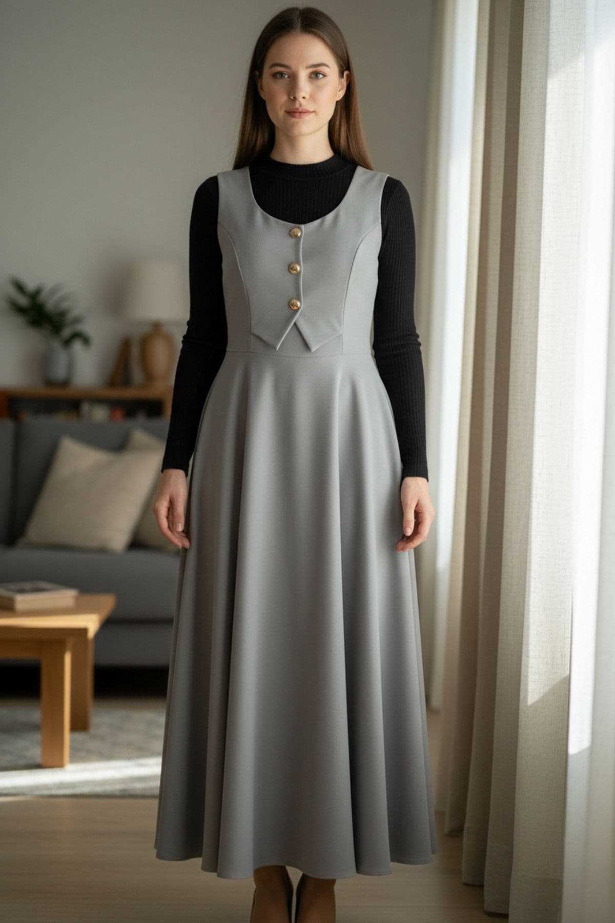 A modest gray sleeveless dress with a fitted bodice, button details, and a flowing skirt, ideal for church or formal occasions.