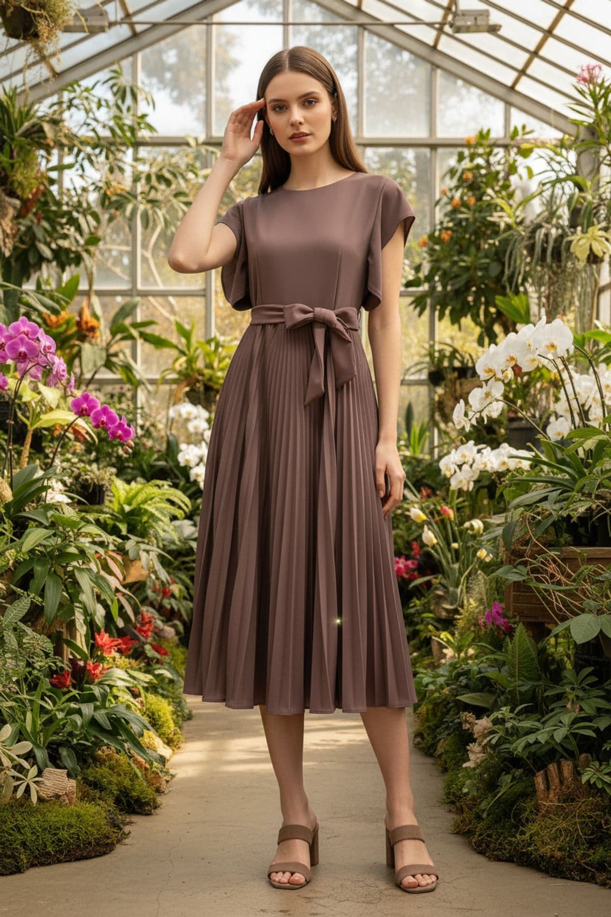A modest mauve pleated midi dress with short sleeves and a matching belt, perfect for church or formal events, set in a lush greenhouse.